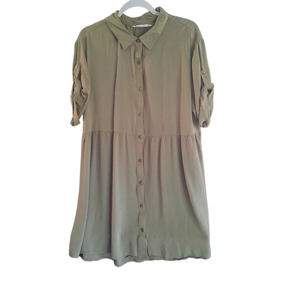 Given Kale Shirt Dress Green Collared Short Sleeve Button Front - Picture 3 of 9